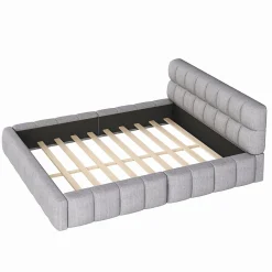 Redom Lit 140x200 cm avec tête de lit rembourrée et revêtement lin gris, cadre solide en panneaux MDF