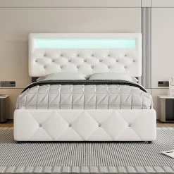 Redom Lit 140x200 cm avec tête de lit rembourrée, 2 tiroirs et lit gigogne, structure MDF, cadre métal, tissu blanc