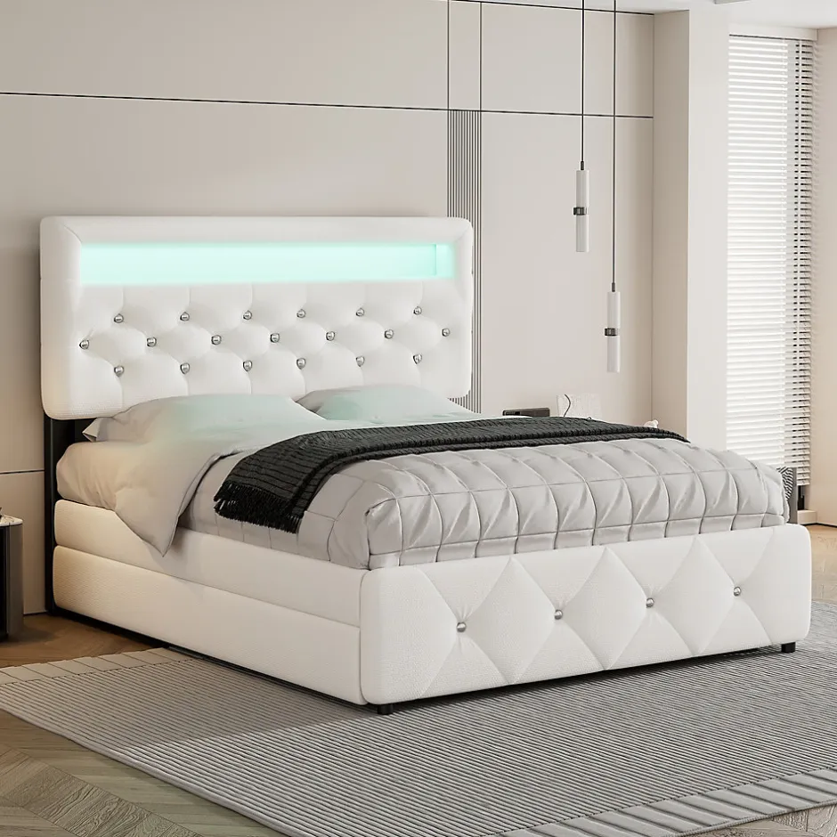 Redom Lit 140x200 cm avec tête de lit rembourrée, 2 tiroirs et lit gigogne, structure MDF, cadre métal, tissu blanc