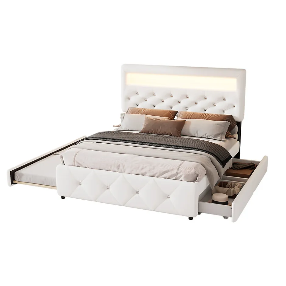 Redom Lit 140x200 cm avec tête de lit rembourrée, 2 tiroirs et lit gigogne, structure MDF, cadre métal, tissu blanc