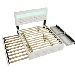 Redom Lit 140x200 cm avec tête de lit rembourrée, 2 tiroirs et lit gigogne, structure MDF, cadre métal, tissu blanc