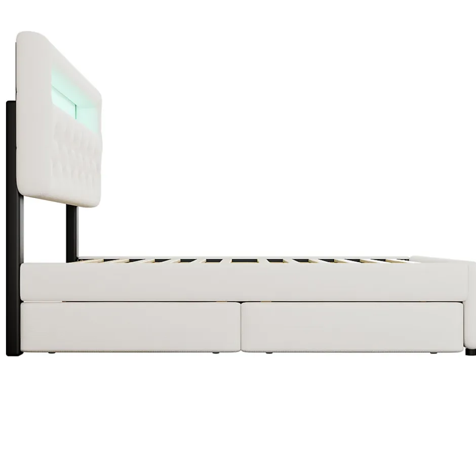 Redom Lit 140x200 cm avec tête de lit rembourrée, 2 tiroirs et lit gigogne, structure MDF, cadre métal, tissu blanc