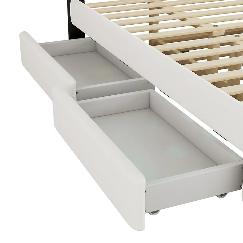 Redom Lit 140x200 cm avec tête de lit rembourrée, 2 tiroirs et lit gigogne, structure MDF, cadre métal, tissu blanc