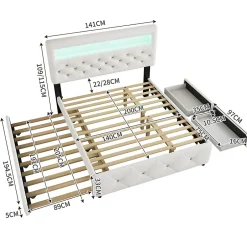Redom Lit 140x200 cm avec tête de lit rembourrée, 2 tiroirs et lit gigogne, structure MDF, cadre métal, tissu blanc