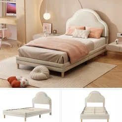 Redom Lit 90x200 cm avec tête de lit en forme de nuage, led multicolores intégrées et revêtement en velours beige