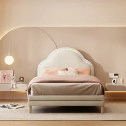 Redom Lit 90x200 cm avec tête de lit en forme de nuage, led multicolores intégrées et revêtement en velours beige