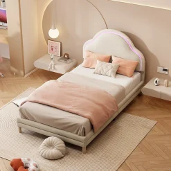 Redom Lit 90x200 cm avec tête de lit en forme de nuage, led multicolores intégrées et revêtement en velours beige