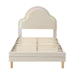 Redom Lit 90x200 cm avec tête de lit en forme de nuage, led multicolores intégrées et revêtement en velours beige