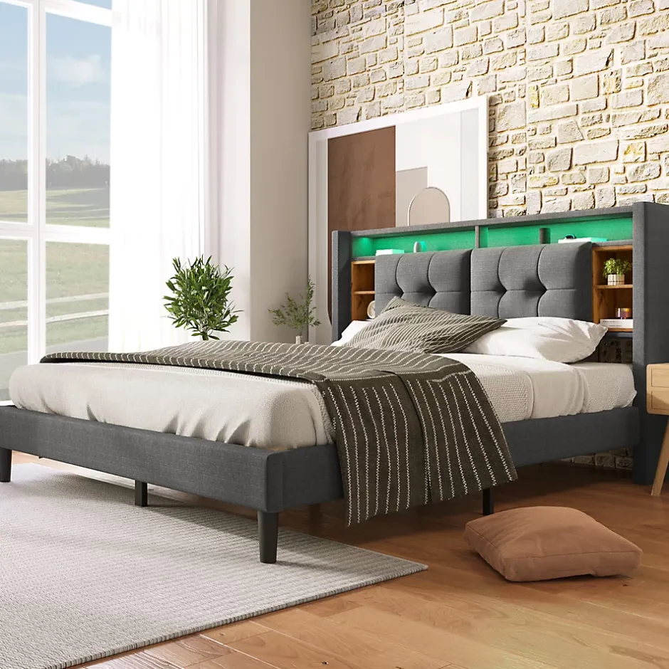 Redom Lit 160x200 cm avec tête de lit espace de rangement, LED et station de charge, cadre bois massif gris Best
