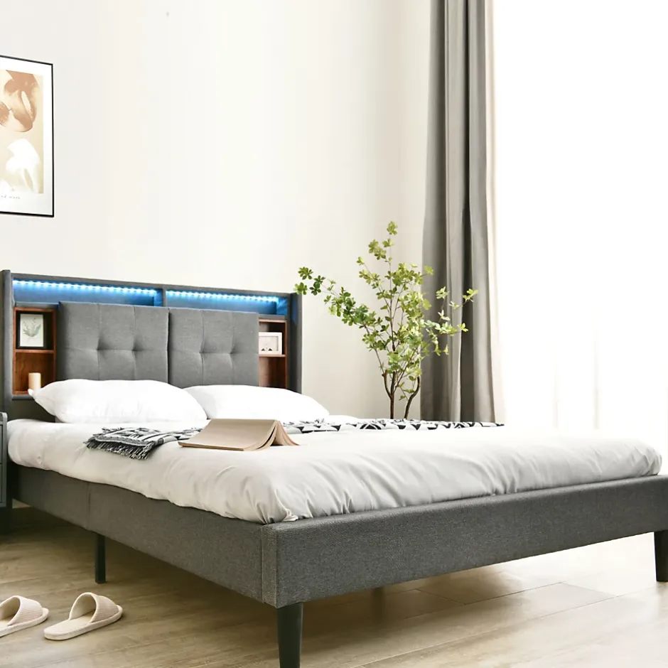Redom Lit 160x200 cm avec tête de lit espace de rangement, LED et station de charge, cadre bois massif gris Best