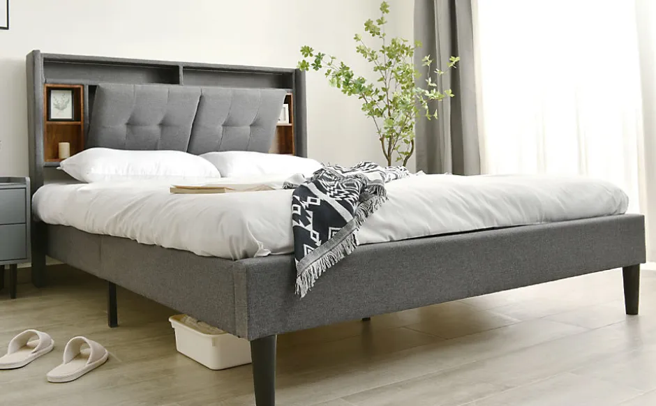 Redom Lit 160x200 cm avec tête de lit espace de rangement, LED et station de charge, cadre bois massif gris Best