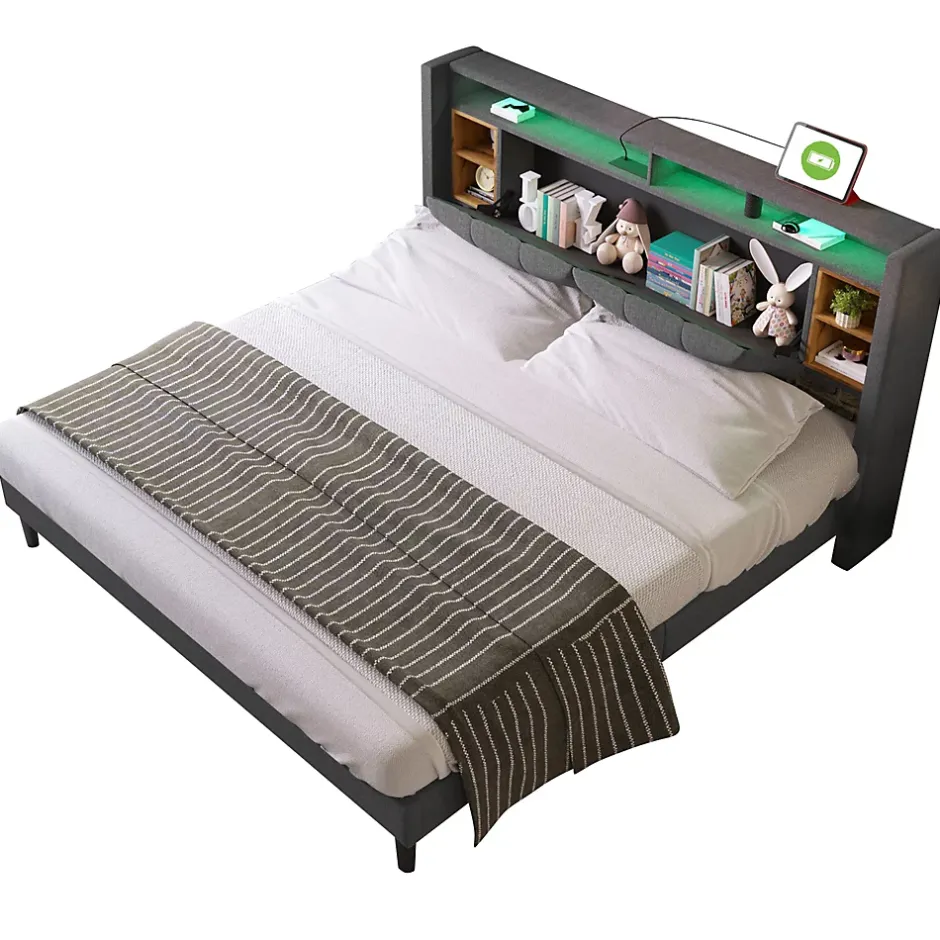 Redom Lit 160x200 cm avec tête de lit espace de rangement, LED et station de charge, cadre bois massif gris Best