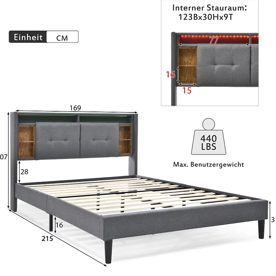 Redom Lit 160x200 cm avec tête de lit espace de rangement, LED et station de charge, cadre bois massif gris Best