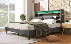 Redom Lit 160x200 cm avec tête de lit espace de rangement, LED et station de charge, cadre bois massif gris Best