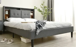 Redom Lit 160x200 cm avec tête de lit espace de rangement, LED et station de charge, cadre bois massif gris Best