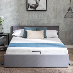 Redom Lit 140x200 cm avec tête de lit capitonnée et rangement hydraulique, tapissé velours gris pour chambre moderne et élégante New