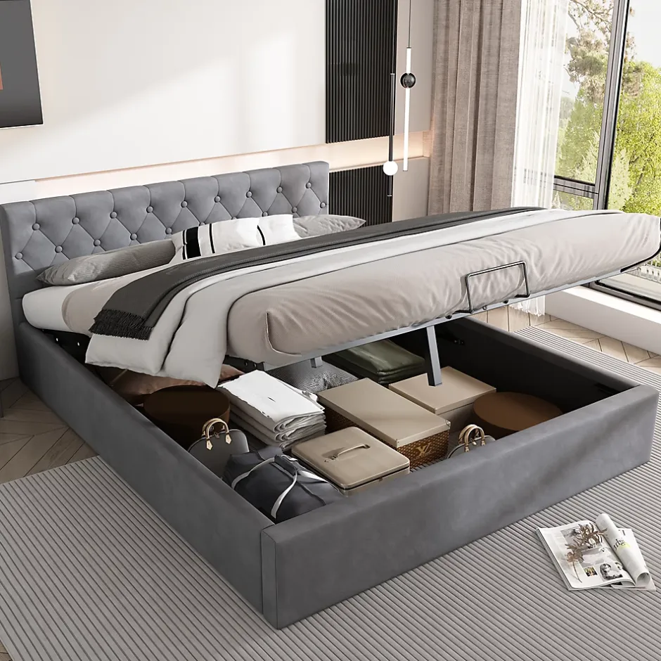 Redom Lit 140x200 cm avec tête de lit capitonnée et rangement hydraulique, tapissé velours gris pour chambre moderne et élégante New