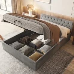 Redom Lit 140x200 cm avec tête de lit capitonnée et rangement hydraulique, tapissé velours gris pour chambre moderne et élégante New