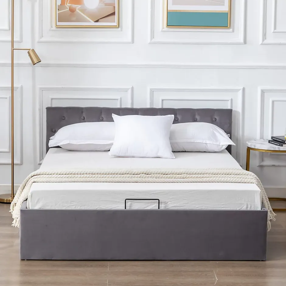 Redom Lit 140x200 cm avec tête de lit capitonnée et rangement hydraulique, tapissé velours gris pour chambre moderne et élégante New