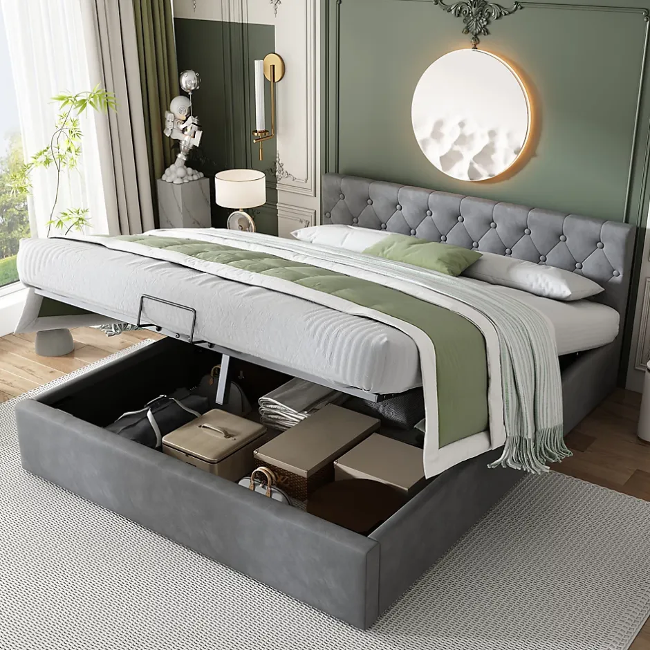 Redom Lit 140x200 cm avec tête de lit capitonnée et rangement hydraulique, tapissé velours gris pour chambre moderne et élégante New