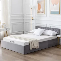 Redom Lit 140x200 cm avec tête de lit capitonnée et rangement hydraulique, tapissé velours gris pour chambre moderne et élégante New