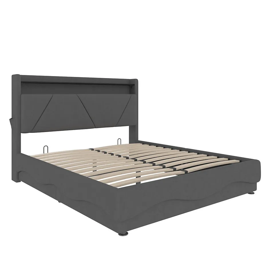 Redom Lit 160x200 cm avec tête de lit à LED, étagères intégrées et revêtement velours gris foncé, espace de rangement