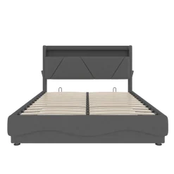 Redom Lit 160x200 cm avec tête de lit à LED, étagères intégrées et revêtement velours gris foncé, espace de rangement