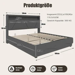 Redom Lit 160x200 cm avec tête de lit à LED, étagères intégrées et revêtement velours gris foncé, espace de rangement