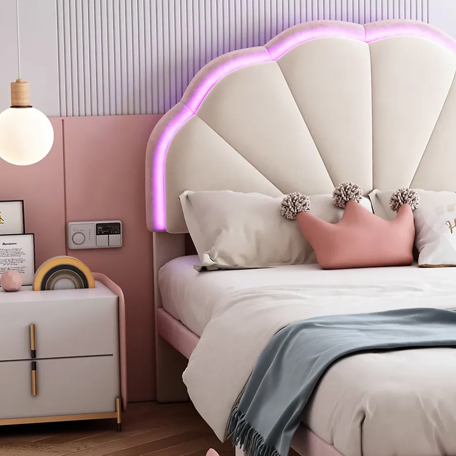 Redom Lit 90x200 cm avec tête de lit rembourrée à bande LED multicolore, tapissé velours beige et rose, pieds ronds Hot