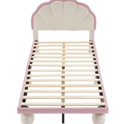Redom Lit 90x200 cm avec tête de lit rembourrée à bande LED multicolore, tapissé velours beige et rose, pieds ronds Hot