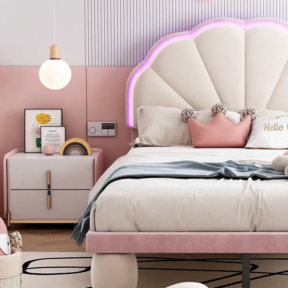 Redom Lit 90x200 cm avec tête de lit rembourrée à bande LED multicolore, tapissé velours beige et rose, pieds ronds Hot