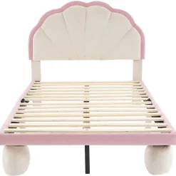 Redom Lit 90x200 cm avec tête de lit rembourrée à bande LED multicolore, tapissé velours beige et rose, pieds ronds Hot