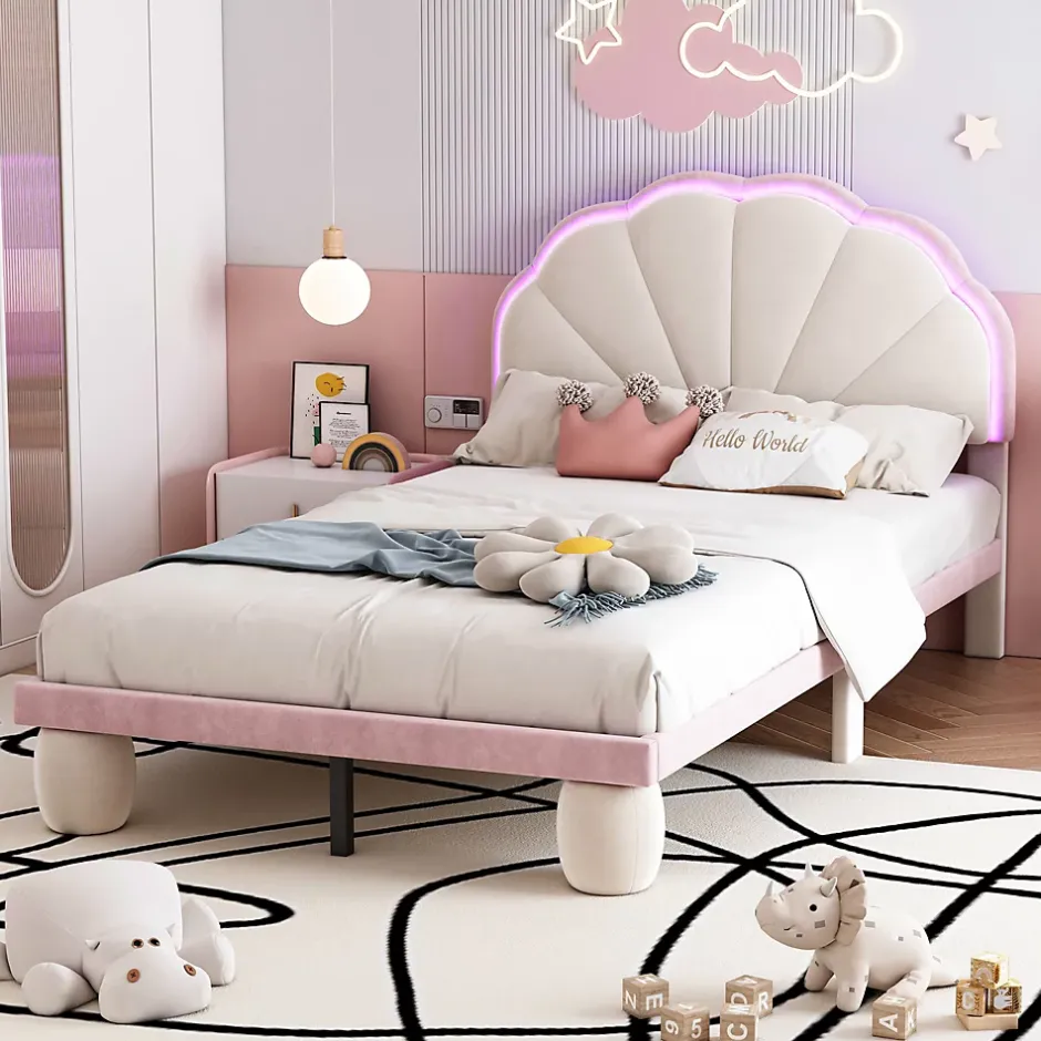 Redom Lit 90x200 cm avec tête de lit rembourrée à bande LED multicolore, tapissé velours beige et rose, pieds ronds Hot
