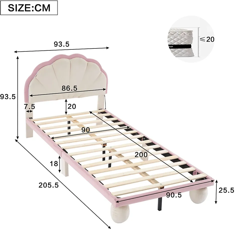 Redom Lit 90x200 cm avec tête de lit rembourrée à bande LED multicolore, tapissé velours beige et rose, pieds ronds Hot