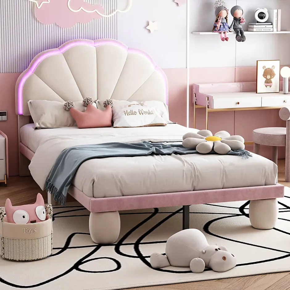 Redom Lit 90x200 cm avec tête de lit rembourrée à bande LED multicolore, tapissé velours beige et rose, pieds ronds Hot