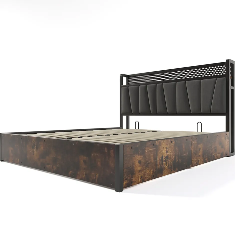 Redom Lit 160x200 cm avec tête de lit LED contrôlable par application, prises USB et coffre, cadre métal gris
