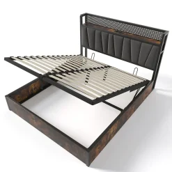 Redom Lit 160x200 cm avec tête de lit LED contrôlable par application, prises USB et coffre, cadre métal gris
