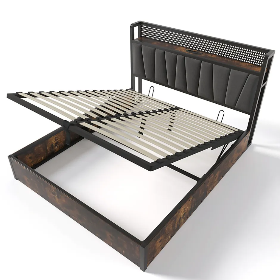 Redom Lit 160x200 cm avec tête de lit LED contrôlable par application, prises USB et coffre, cadre métal gris