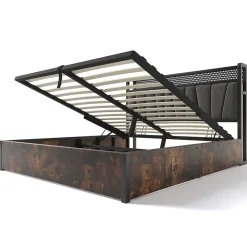 Redom Lit 140x200 cm avec tête de lit LED RGBW, prises USB intégrées, coffre de rangement et cadre métal gris design