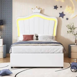 Redom Lit 90x200 cm avec tête de lit coquillage couronnée et coffre hydraulique, éclairage LED, tapissé cuir blanc Best