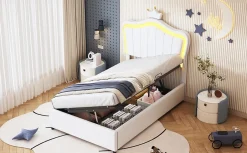 Redom Lit 90x200 cm avec tête de lit coquillage couronnée et coffre hydraulique, éclairage LED, tapissé cuir blanc Best