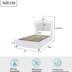 Redom Lit 90x200 cm avec tête de lit coquillage couronnée et coffre hydraulique, éclairage LED, tapissé cuir blanc Best