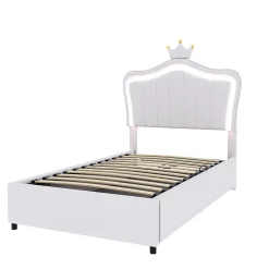 Redom Lit 90x200 cm avec tête de lit coquillage couronnée et coffre hydraulique, éclairage LED, tapissé cuir blanc Best
