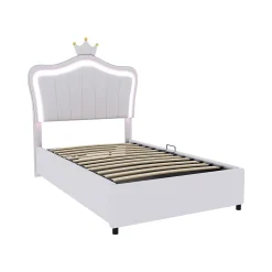 Redom Lit 90x200 cm avec tête de lit coquillage couronnée et coffre hydraulique, éclairage LED, tapissé cuir blanc Best