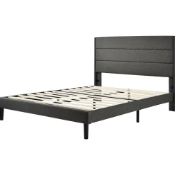 Redom Lit 140x200 cm avec tête de lit rembourrée, sommier à lattes intégré et revêtement lin gris foncé