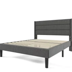 Redom Lit 140x200 cm avec tête de lit rembourrée, sommier à lattes intégré et revêtement lin gris foncé