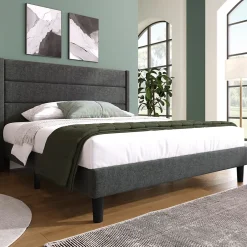 Redom Lit 140x200 cm avec tête de lit rembourrée, sommier à lattes intégré et revêtement lin gris foncé