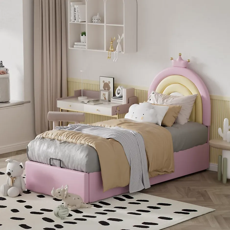 Redom Lit 90x200 cm avec tête de lit réglable, tapissé PU rose et sommier à lattes, design contemporain Online
