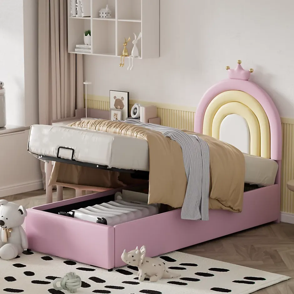 Redom Lit 90x200 cm avec tête de lit réglable, tapissé PU rose et sommier à lattes, design contemporain Online