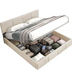 Redom Lit 140x190 cm avec tête de lit capitonnée réglable en velours beige, design intemporel classique et contemporain Discount